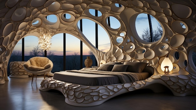 アラメトリックなボロノイデザインの寝室のベッドのヘッドボードは天井に続きます