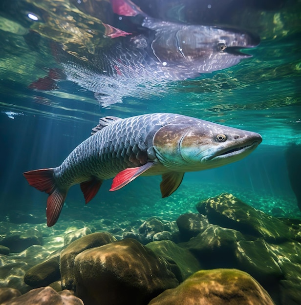 An arapaima fish swimming in a lake with rocks