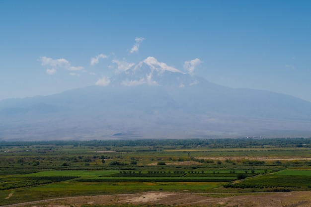 Ararat 산 포도원 보기 Ararat 계곡의 포도밭 Khor Virap 및 Mount Ararat Armenia의 그림 같은 산맥 풍경 스톡 사진