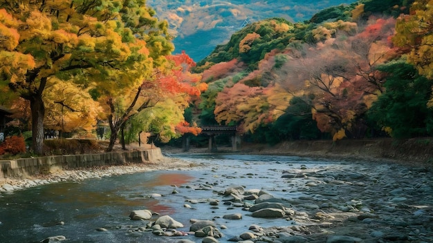 日本の京都の川沿いの秋の季節のアラシヤマ