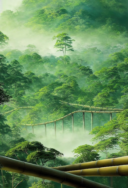 아라시야마 대나무 숲 교토 일본 디자이너의 환상 아름다운 일러스트 포스터 | 프리미엄 사진