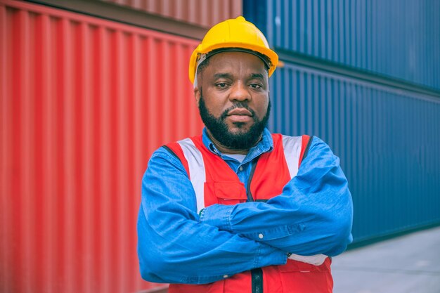 Arbeider containerverzending werknemer werkt in containerhaventerminal Aantrekkelijke mannelijke ingenieur mensen verwerken bestellingen en product in magazijn logistiek in vrachtvrachtschip voor import export in de haven