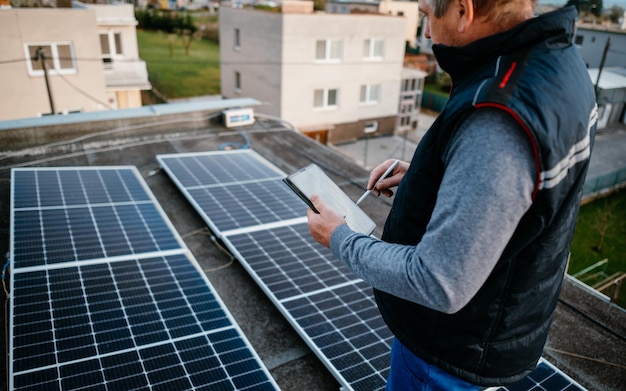 Arbeider die nieuwe zonnepanelen installeert Nieuwe zonnemodule voor familiehuis Eco-concept alternatieve energie