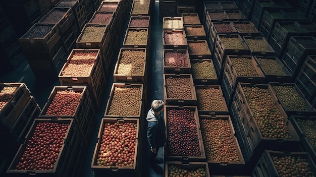 Arbeider die zich door appelfruitkratten in het pakhuis van de biologische voedselfabriek bevindt, genereerde ai-afbeelding