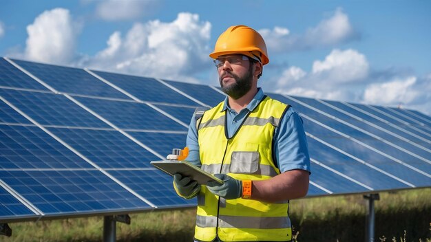 Arbeider in het veld bij de zonnepanelen