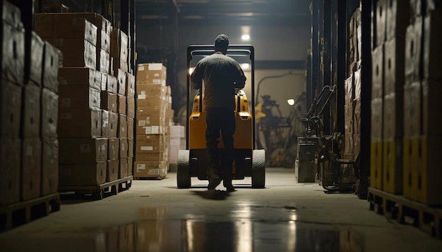 Arbeider verhuisdozen met een handmatige palletwagen in een magazijn Generatieve AI
