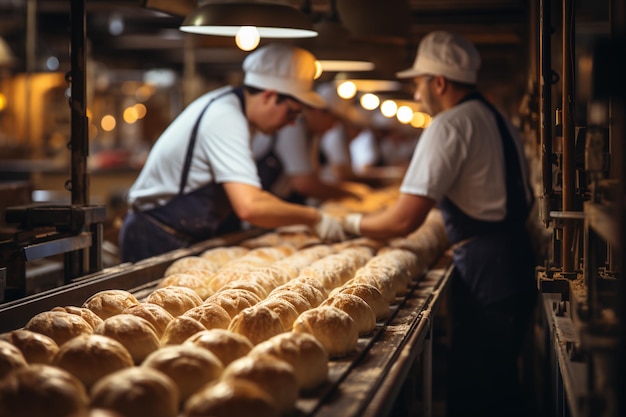 arbeiders die brood sorteren op de kopieerruimte van de bakkerijfabriek