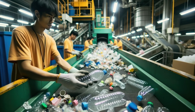 Foto arbeiders die recyclebare materialen op een transportband in een overdekte faciliteit zorgvuldig sorteren