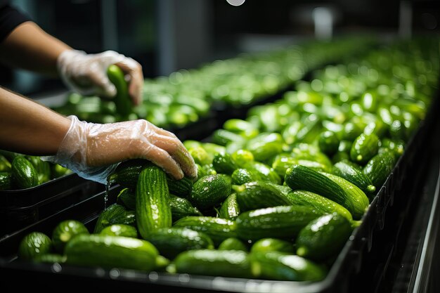 Foto arbeiders die verse groene komkommers op een transportband sorteren