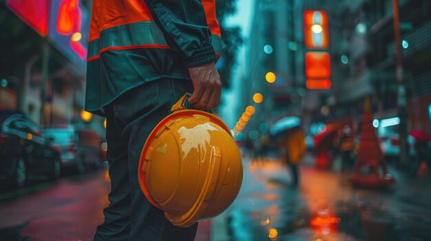 Arbeiders of ingenieurs met een helm in de hand in de stad op de vooravond van de feestdagen Gelukkige feestdagen Arbeidersdag