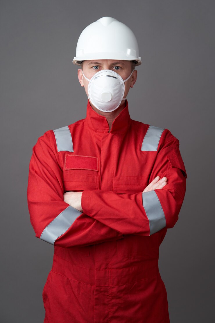 Arbeidersmens die hygiënisch masker, algemene en beschermende bouwvakker draagt
