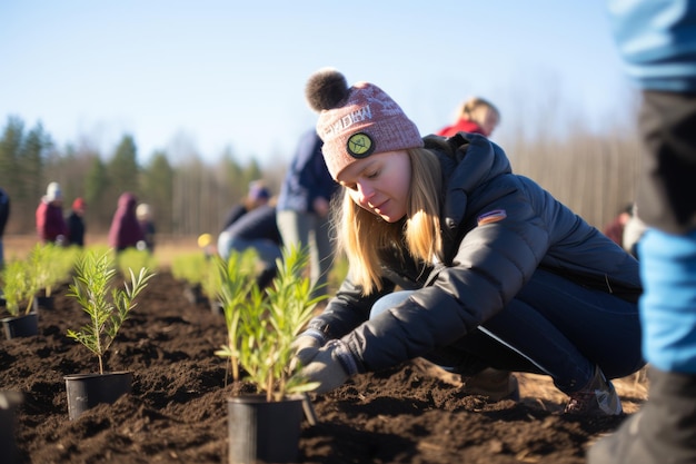 Photo arbor day environmental care young woman planting a green sapling to preserve nature