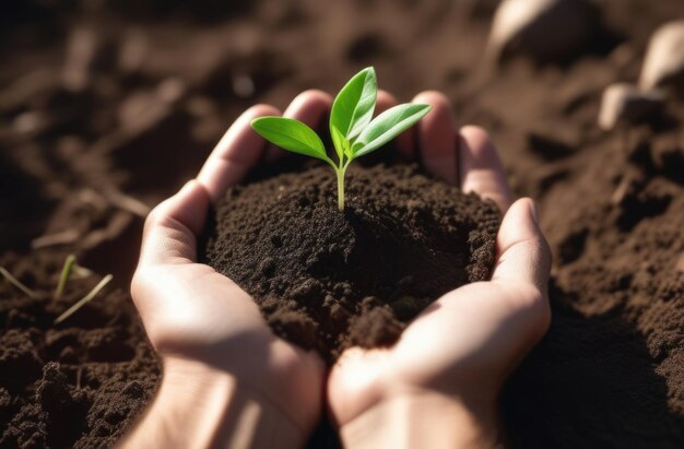 Arbor Day a green sprout in the palms a handful of earth in the hands Handholding tree sapling planting plants a young plant grows out of the soil dark background