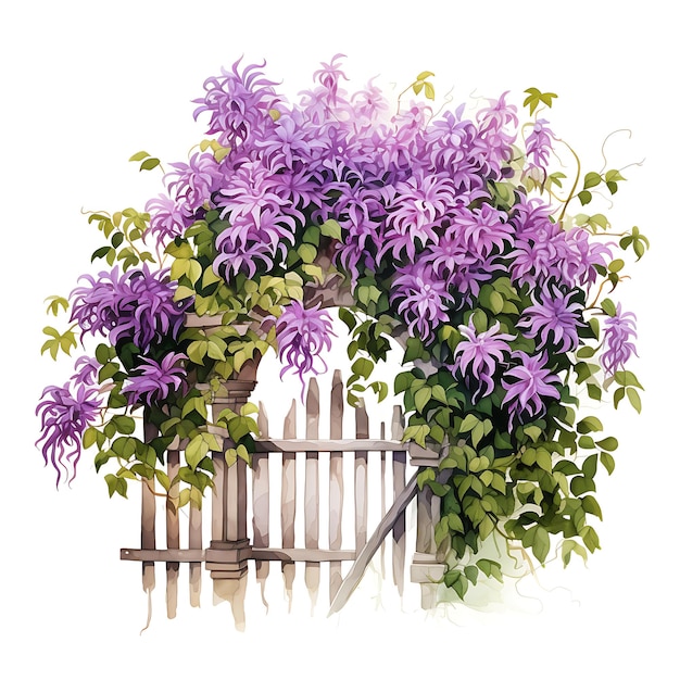 Arborvitae Hedge With Purple Clematis Focusing on Watercolor Gate Beauty Art on White Background