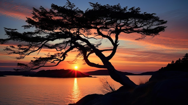 Arbutusboom Wallace Island Gulf Islands British Columbia Canada met ondergaande zon erachter