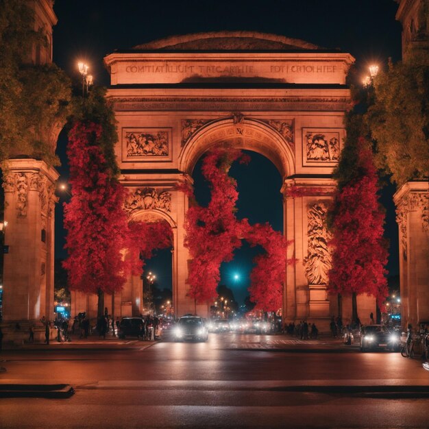 The Arc de Triomphe lit up at night