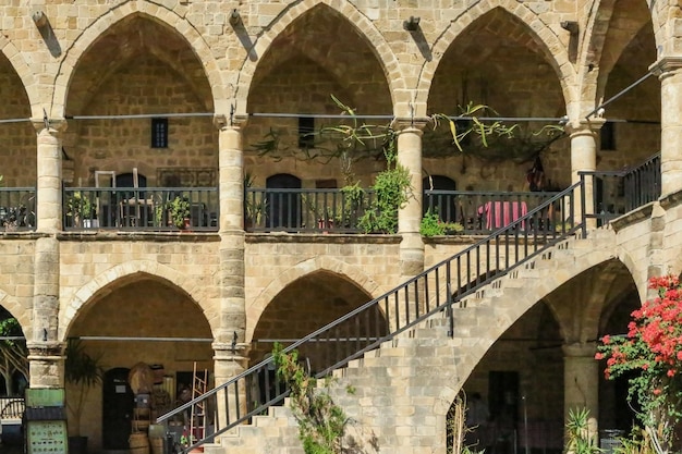 Arcade of Buyuk Han former historic hotel in Nicosia Cyprus