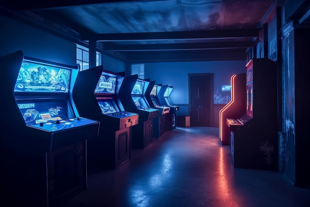 Arcade machine in the dark room vintage color toned picture generative ai