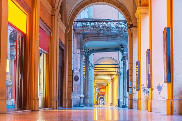 Arcades in the center of old town Bologna Italy