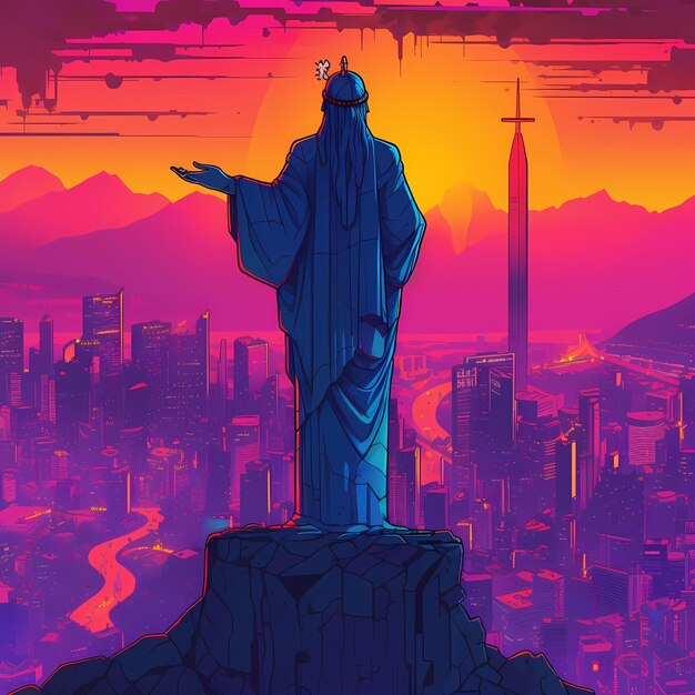 Arcane saviors cyberpunk anime vibe with christ the redeemer statue in rio de janeiro