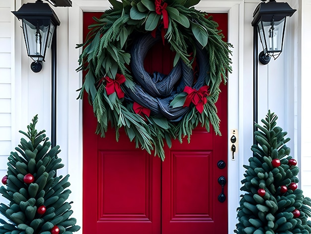 Arch of balloons with flowersDecorated entrance door Exterior facade of building with front door