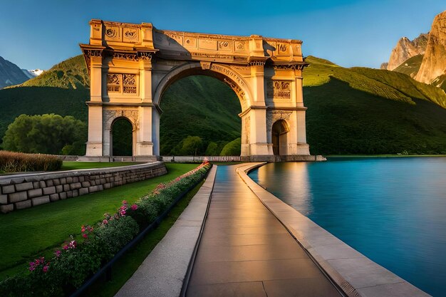 The arch of the bridge is built in the style of the bridge.