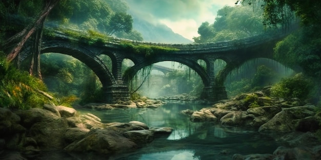 An arch bridge over a river in a jungle