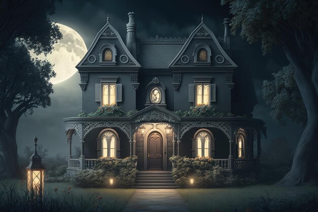 夜の古典的な家の外観の暗い灰色のトーンで古いスタイルのアーチ型の家