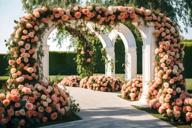 The arch is covered in pink roses.
