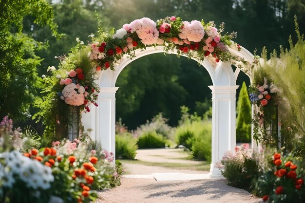 The arch is made of flowers and the word love is on the arch