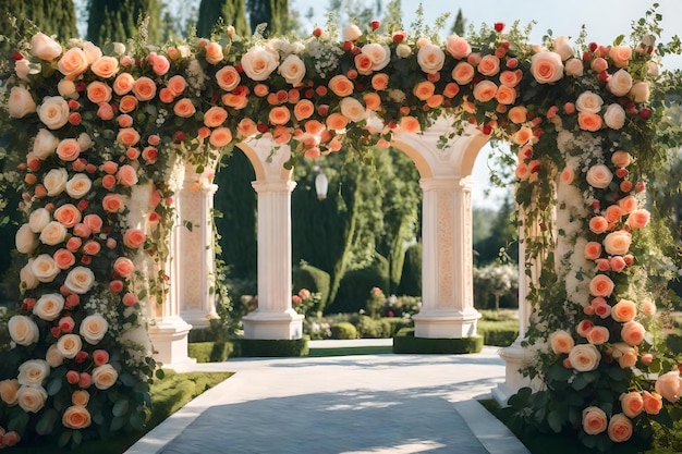The arch is made of flowers and the word for the wedding.