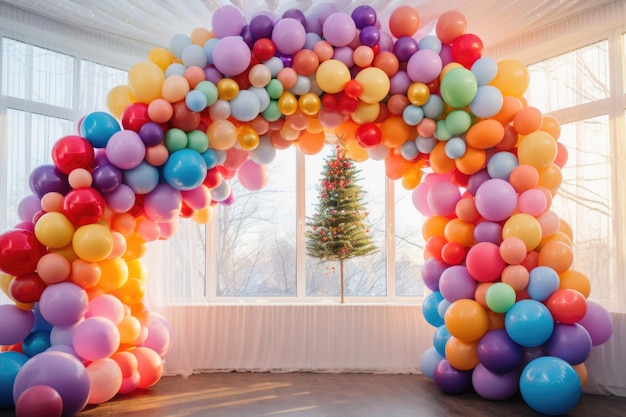 Photo arch of multicolored balloons in the room near the new year tree