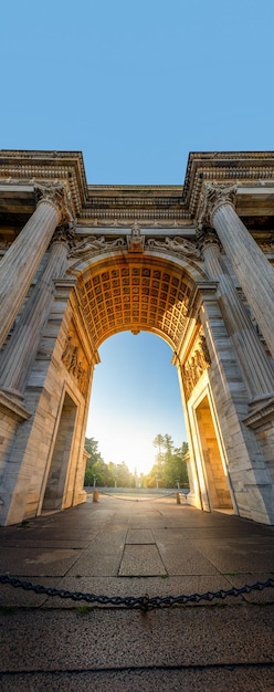 Arch of Peace in Milan at sunrise Italy