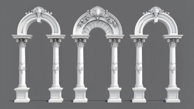 The arch of a Roman temple is made of white clay and decorated with decorative ornates This set of 3D modern illustrations depicts the greek stone pillar of the temple building39s door or window