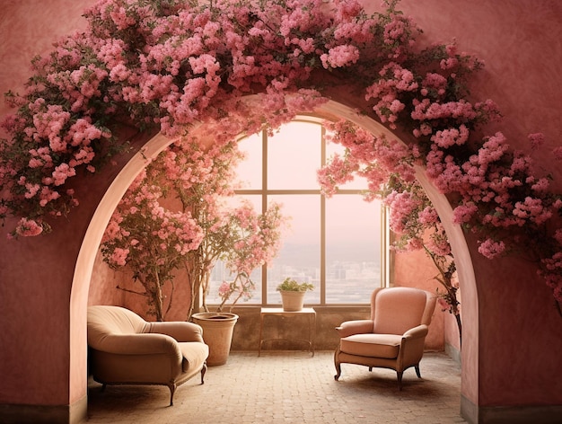 Arch room full of flowers vintage style