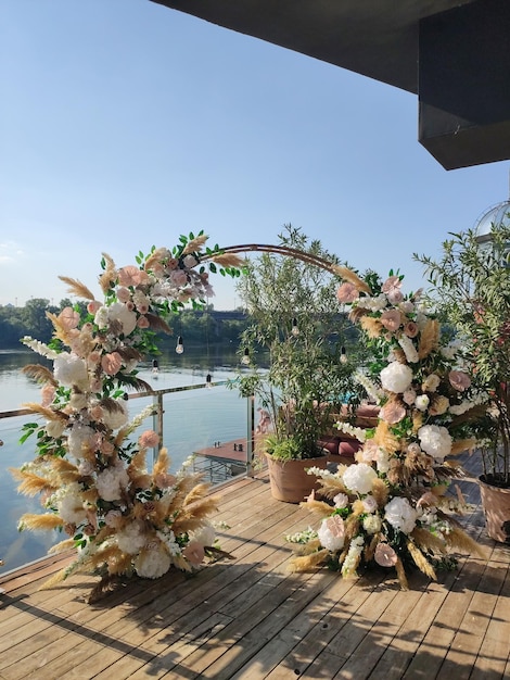 An arch for a wedding ceremony in a restaurant
