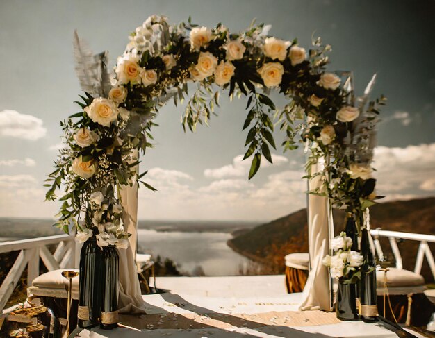 生花で作られたアーチ結婚式の瞬間の装飾結婚式の祭壇
