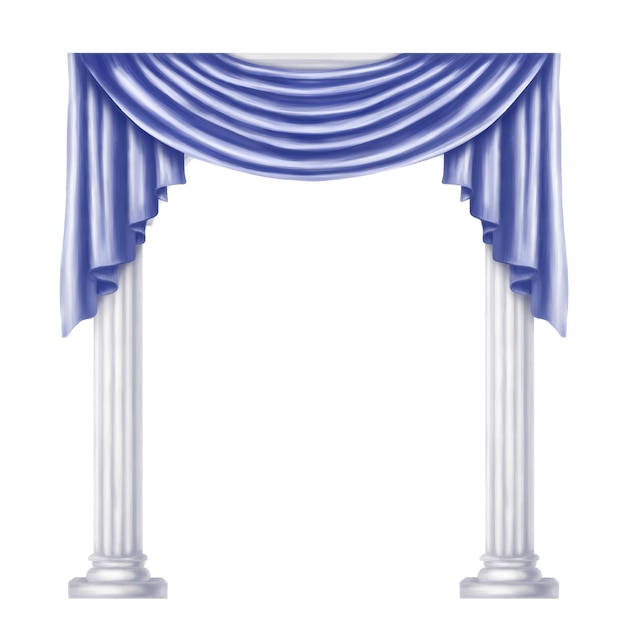 An arch of white marble columns and hanging drapery curtains in the Greek style Digital illustration