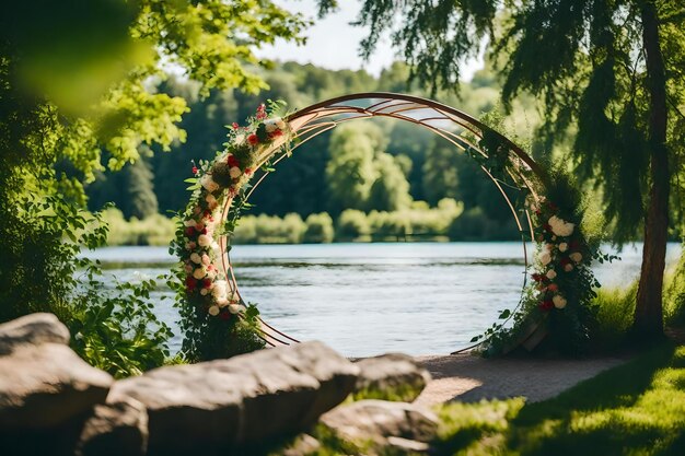 Photo arch with flowers on a rock by the lake