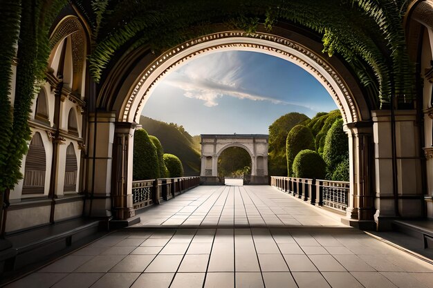 Arch with a green arch and a blue sky