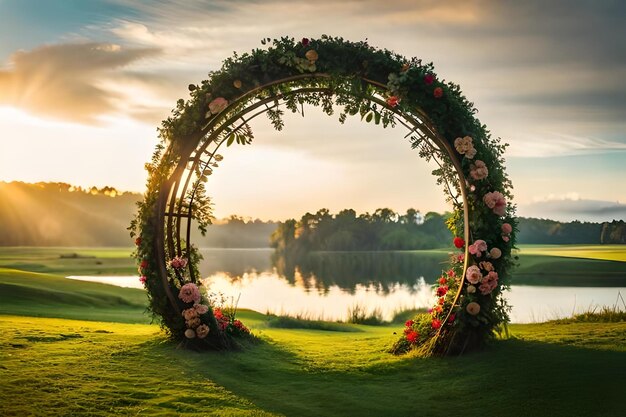 Arch with roses on the water at sunset