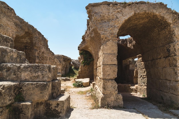 Archaeological Site Ruins of Carthage at Baths of Antoninus columns and fragments of the walls Tunisia