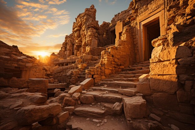 Archaeological site at sunset casting a warm glow on ancient relics Generative AI