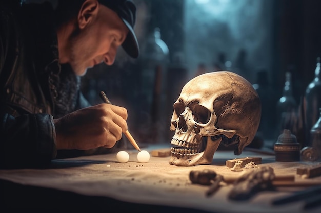 An archaeologist meticulously cleans a skull at a sandy excavation site AI generated