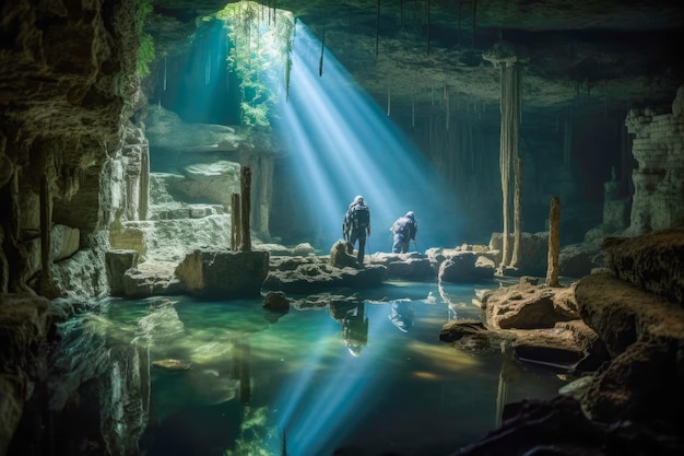 セノーテ洞窟の地図を作成する考古学者