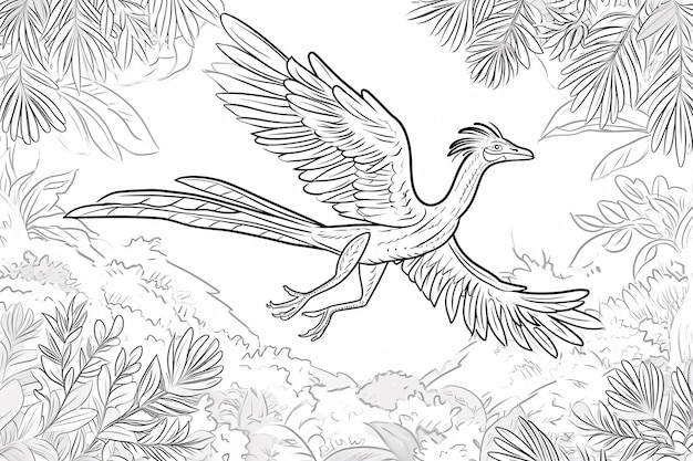 Foto archaeopteryx dinosaur zwarte witte lineaire doodles lijnkunst kleurblad kinderen kleurboek