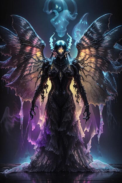 Archangel in purple collor and full armor standing with wings spread