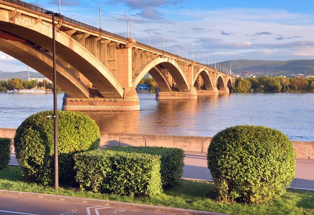 Arched bridge over the Yenisei River on the Central embankment of Gorodad Siberia Russia