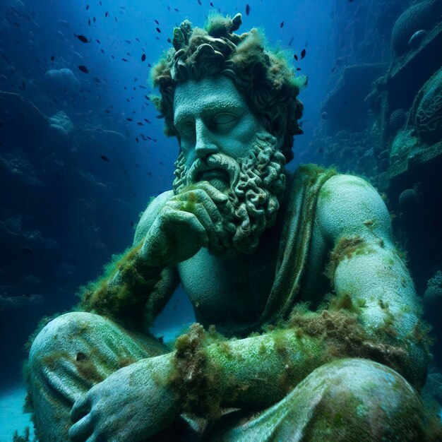 Archeological statue sitting underwater