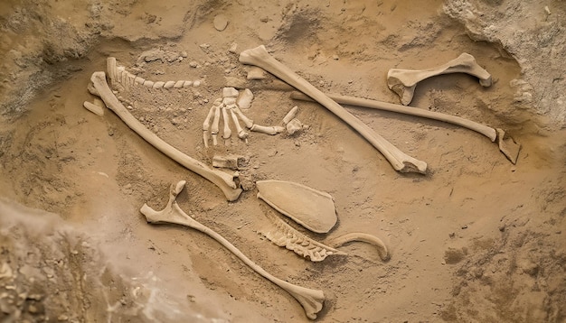 Archeologie en paleontologie vlak ondergrondse oppervlakte Begraven fossielen dieren skelet bot